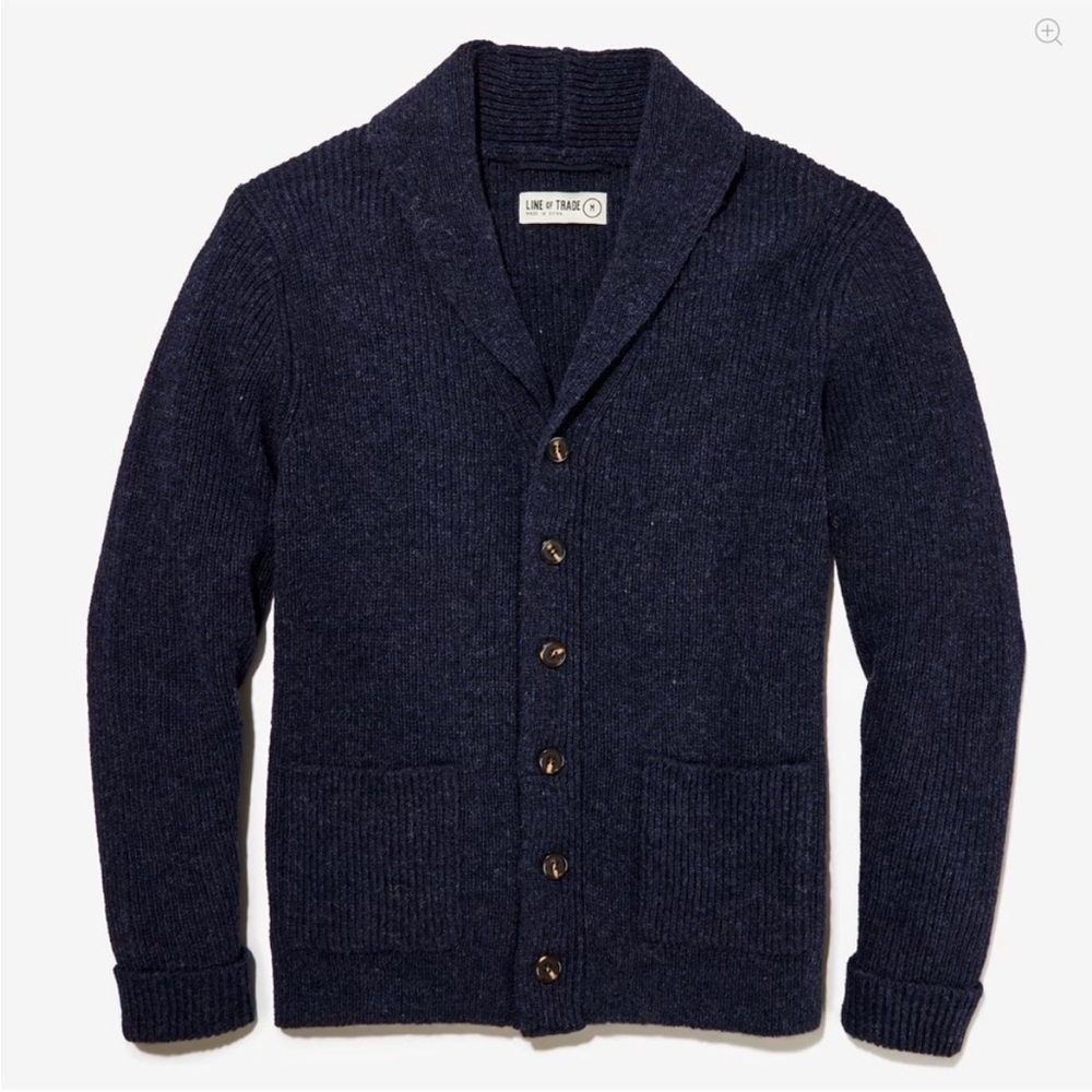 LINE OF TRADE The Dockside Shawl Collar Shetland Wool Cardigan in Ink Navy, Sz M